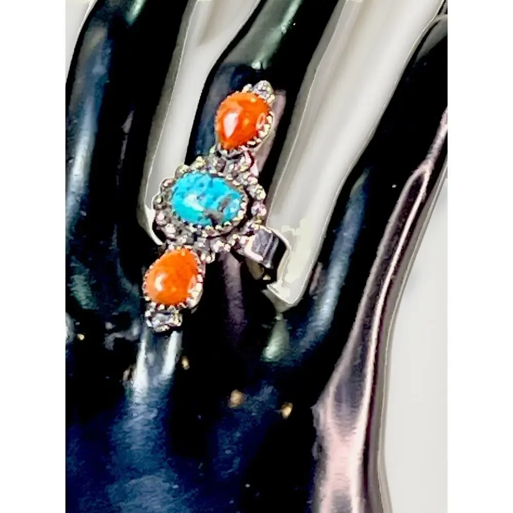 Sterling Silver Spiny Oyster Kingman Turquoise Cluster Statement Ring Adjust Sz